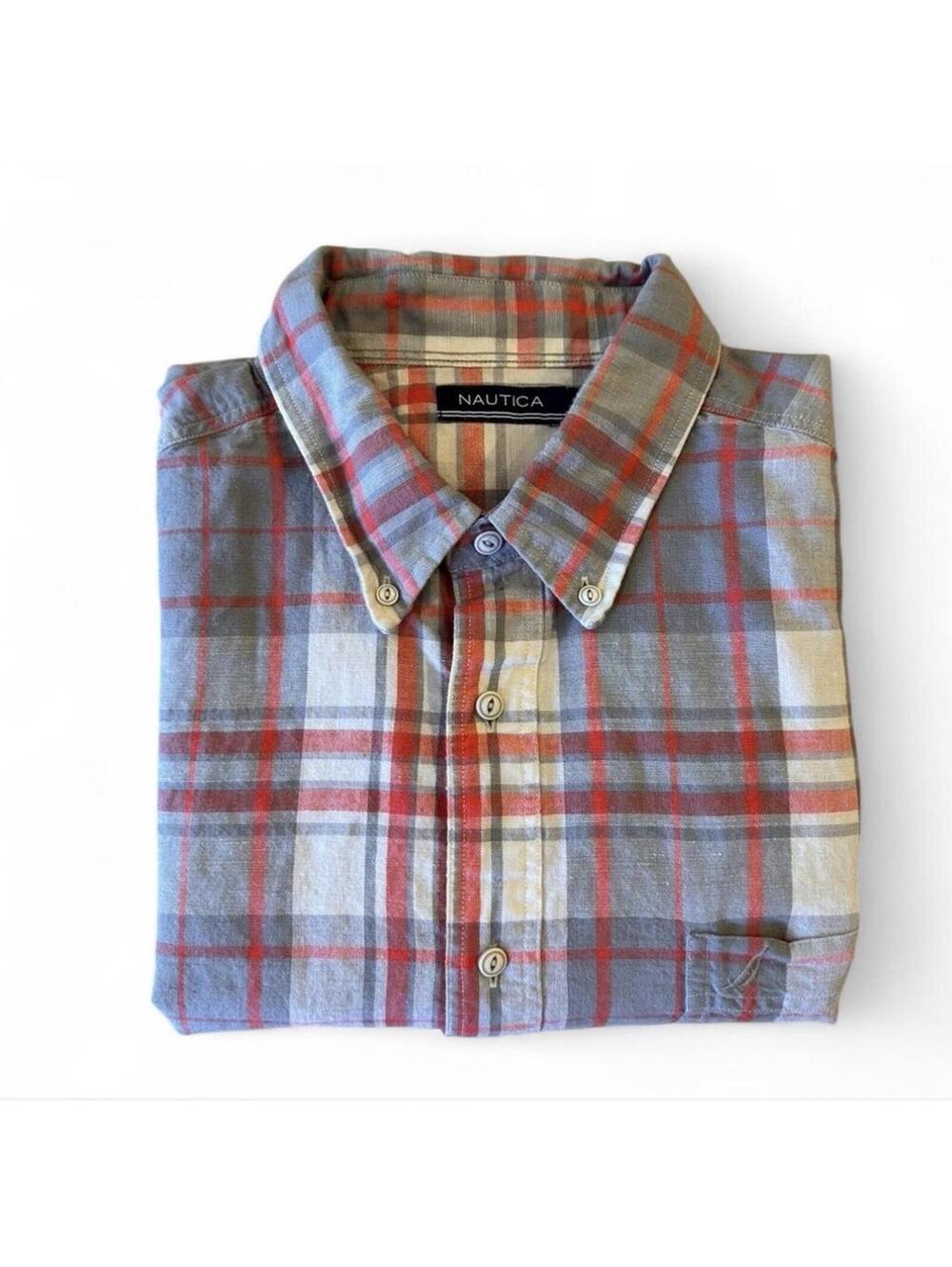 Nautica Men’s XL Plaid Linen Cotton Short Sleeve Button Shirt